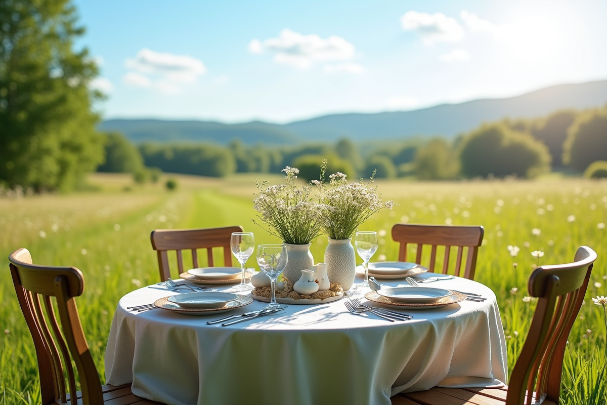 Table extérieure dans un champ avec vaisselle et fleurs sauvages