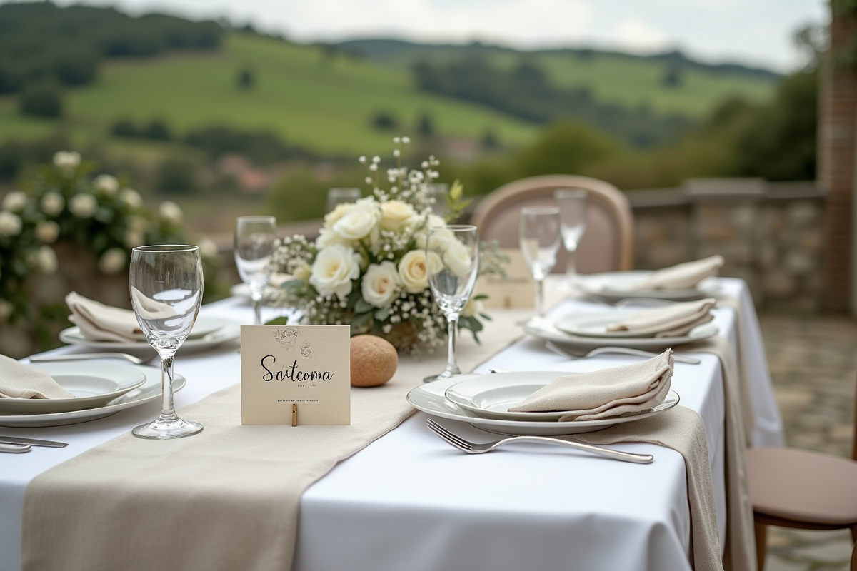 Table de mariage élégante avec vaisselle et décor champêtre