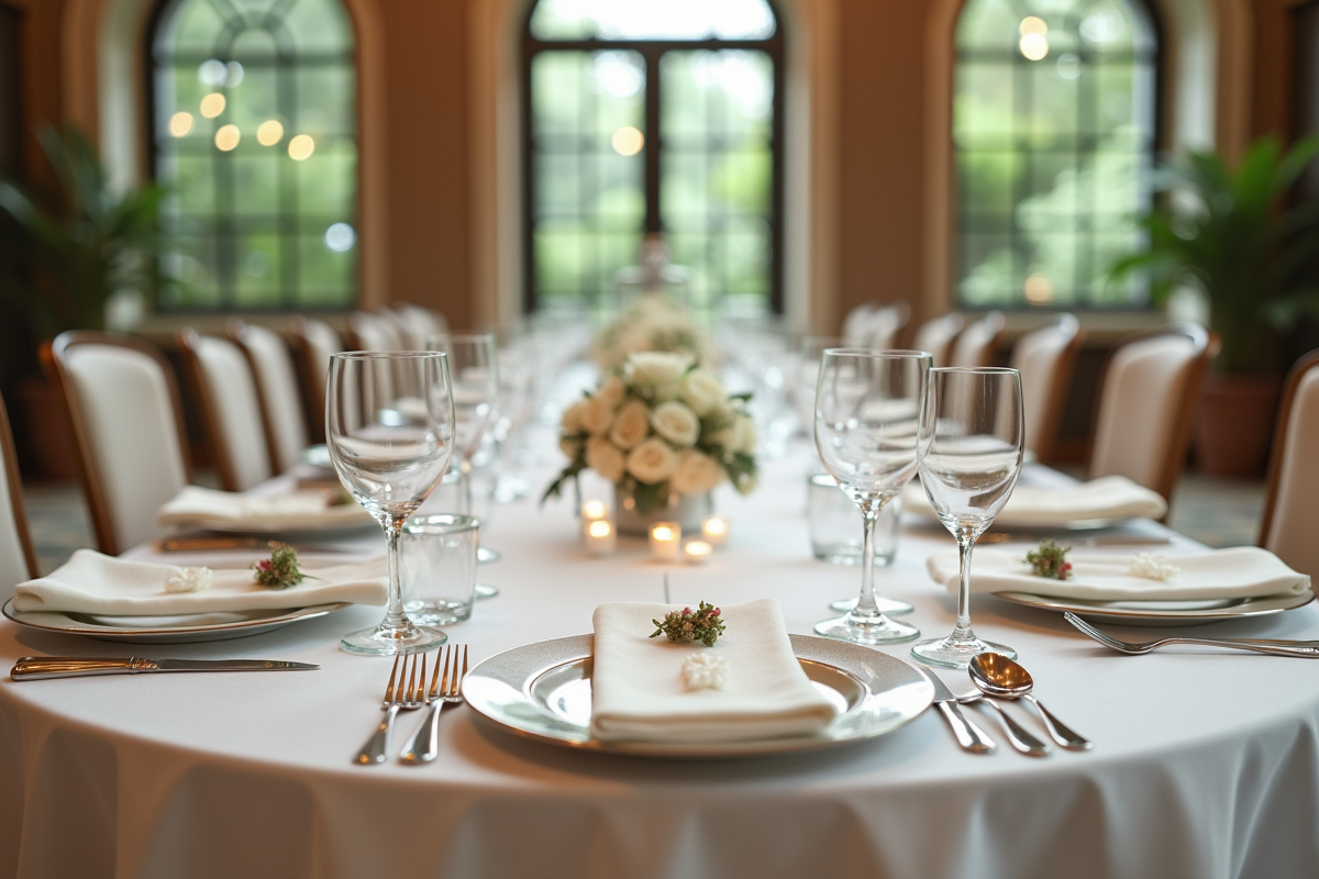 Table de mariage raffinée vue de dessus avec vaisselle