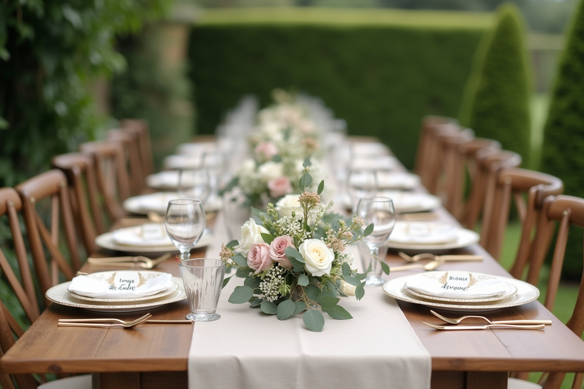 Table de mariage en plein air décorée avec fleurs et vaisselle