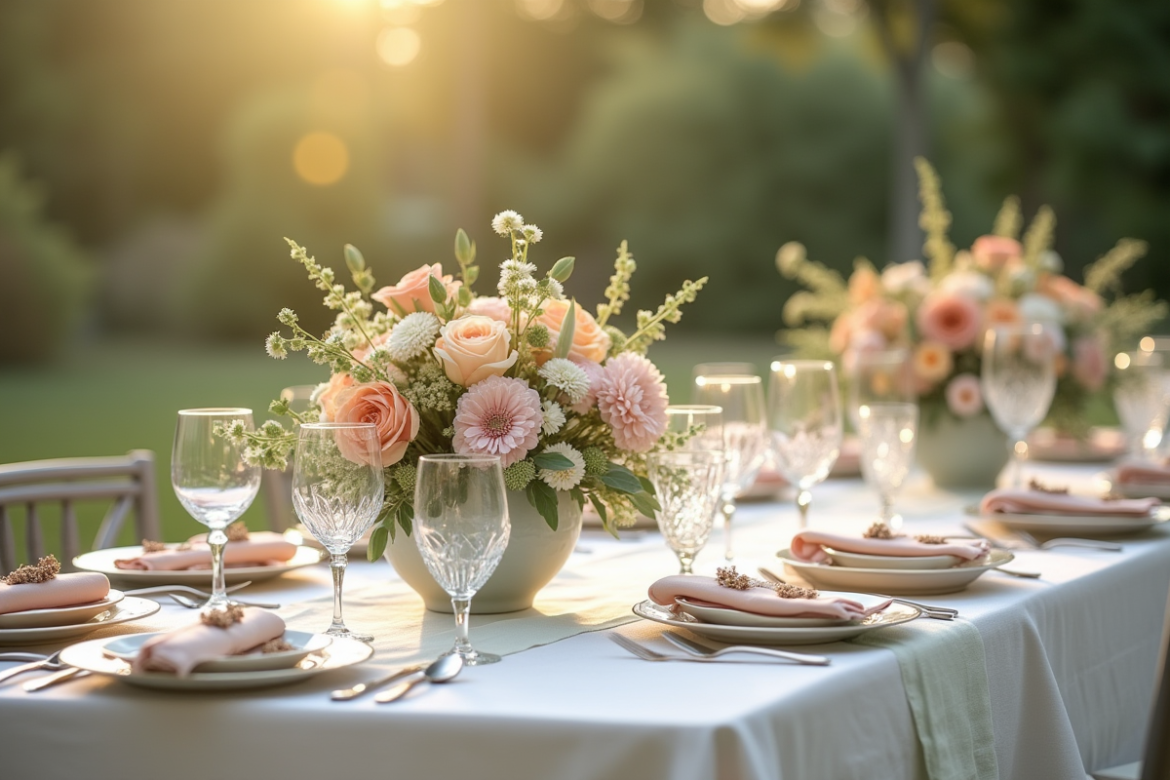 Table de mariage élégante en extérieur avec couleurs pastel 2025