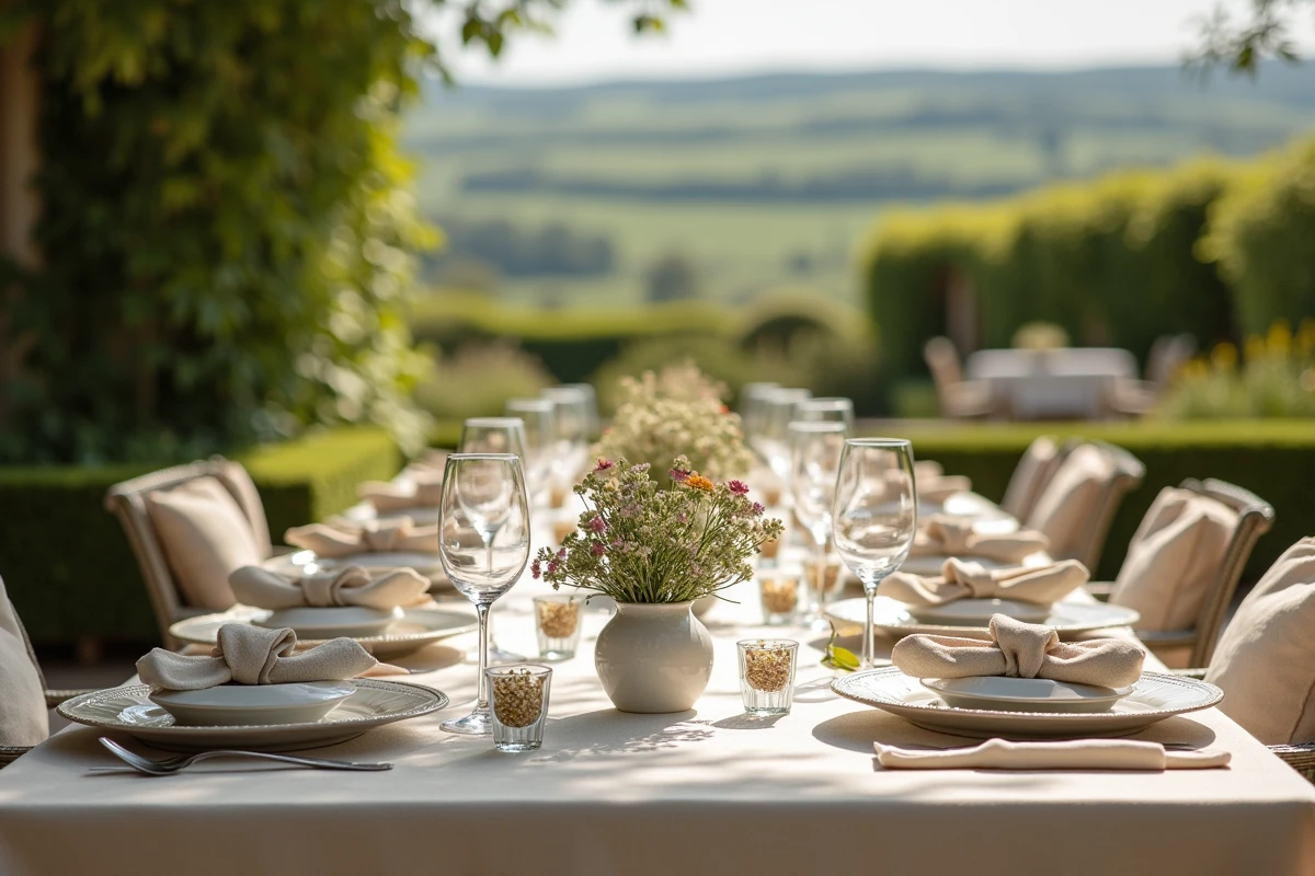 Table de mariage en plein air avec vaisselle vintage