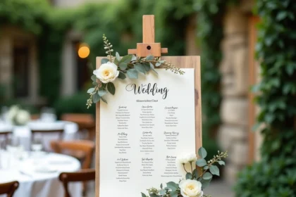 Tableau des places de mariage en calligraphie sur chevalet en bois rustique entouré de fleurs séchées dans un jardin de réception