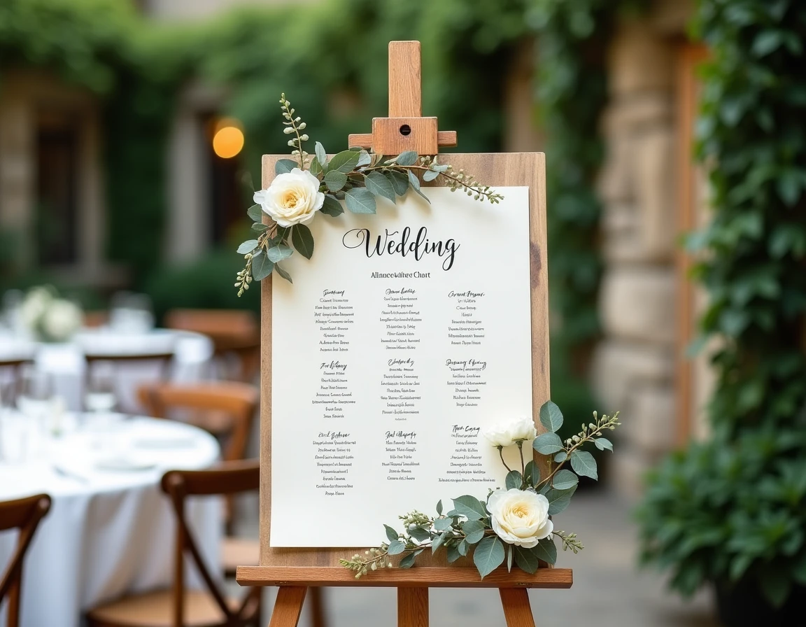 Tableau des places de mariage en calligraphie sur chevalet en bois rustique entouré de fleurs séchées dans un jardin de réception