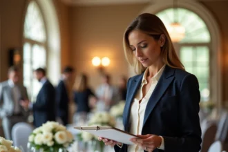 Wedding planner professionnelle consultant ses documents lors de la préparation d'une réception de mariage en salle de banquet