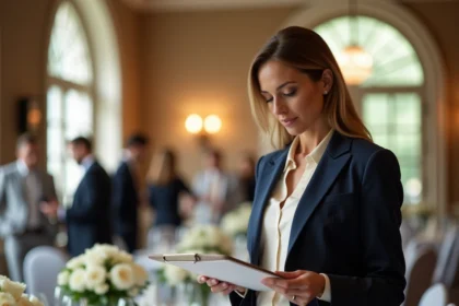Wedding planner professionnelle consultant ses documents lors de la préparation d'une réception de mariage en salle de banquet