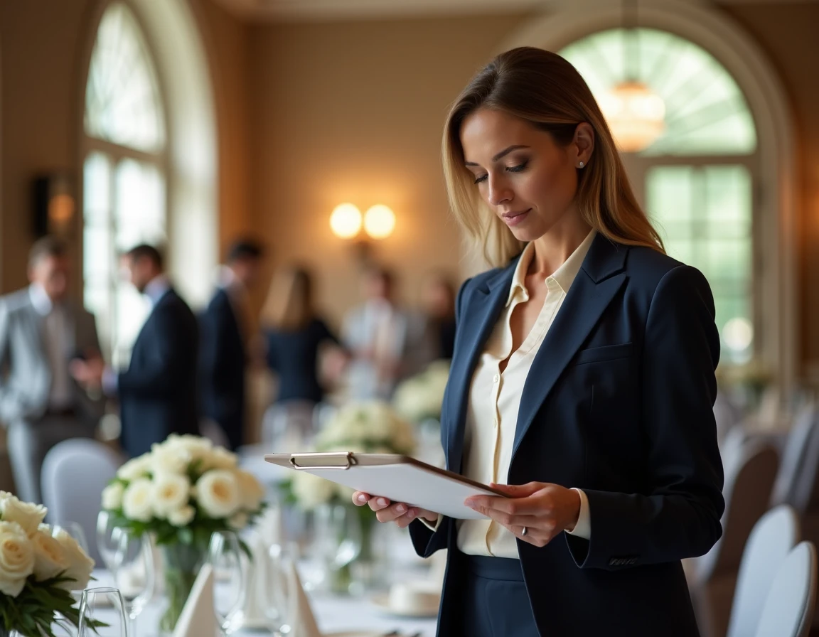 Wedding planner professionnelle consultant ses documents lors de la préparation d'une réception de mariage en salle de banquet